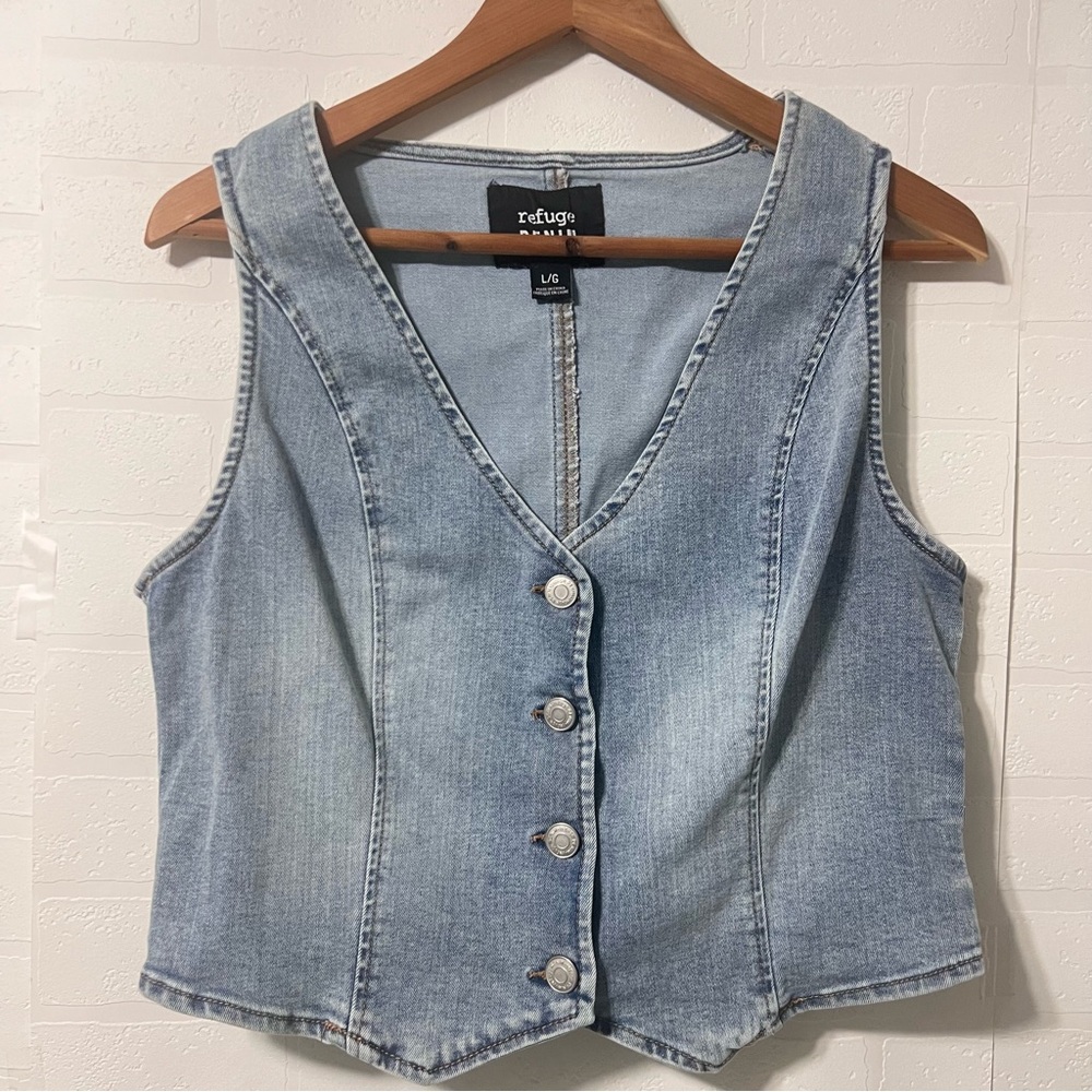 Refuge Button Down Western Coastal Cowgirl Rodeo Sleeveless Vest Denim Vest L